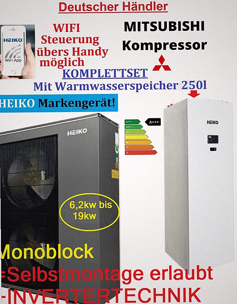 Wärmepumpe Heiko Markengerät mit 250L. Warmwasser, hier auswählen 9kW bis 12kW